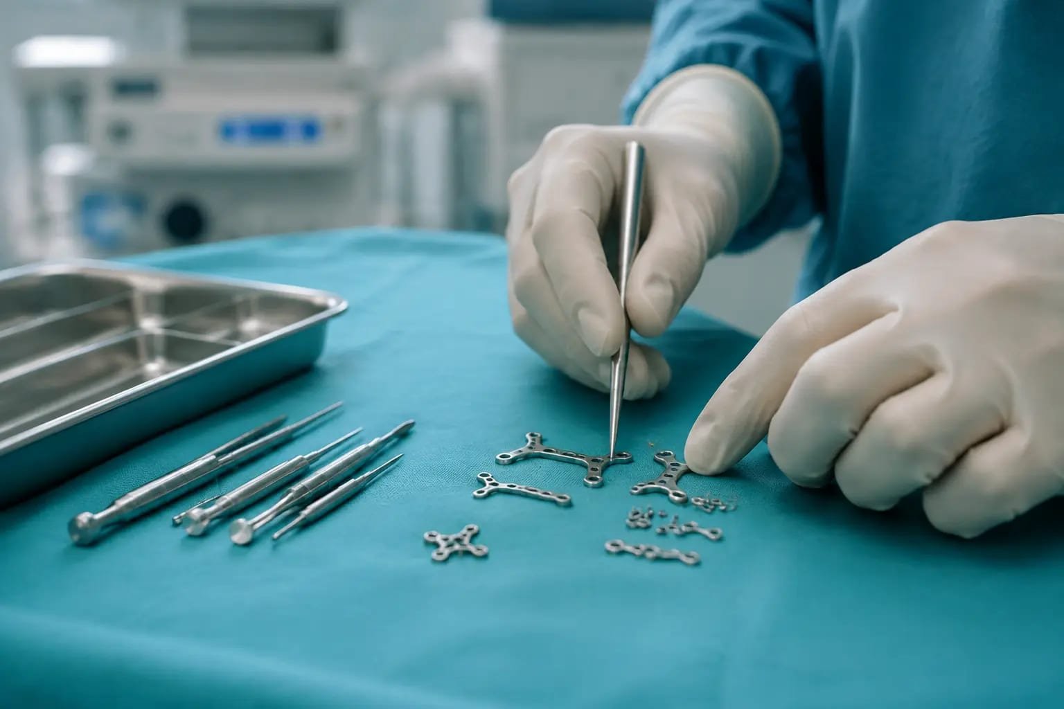 Surgeon arranging titanium cranial fixation plates on a sterile theatre tray