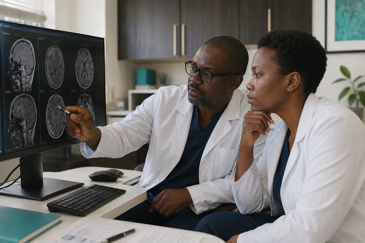 Two specialists reviewing MRI brain scans on a screen during a diagnostic review