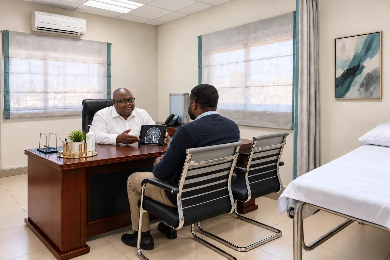 Dr Kgosi discussing a brain scan with a patient in the Neuro Tribe consulting room in Gaborone, Botswana