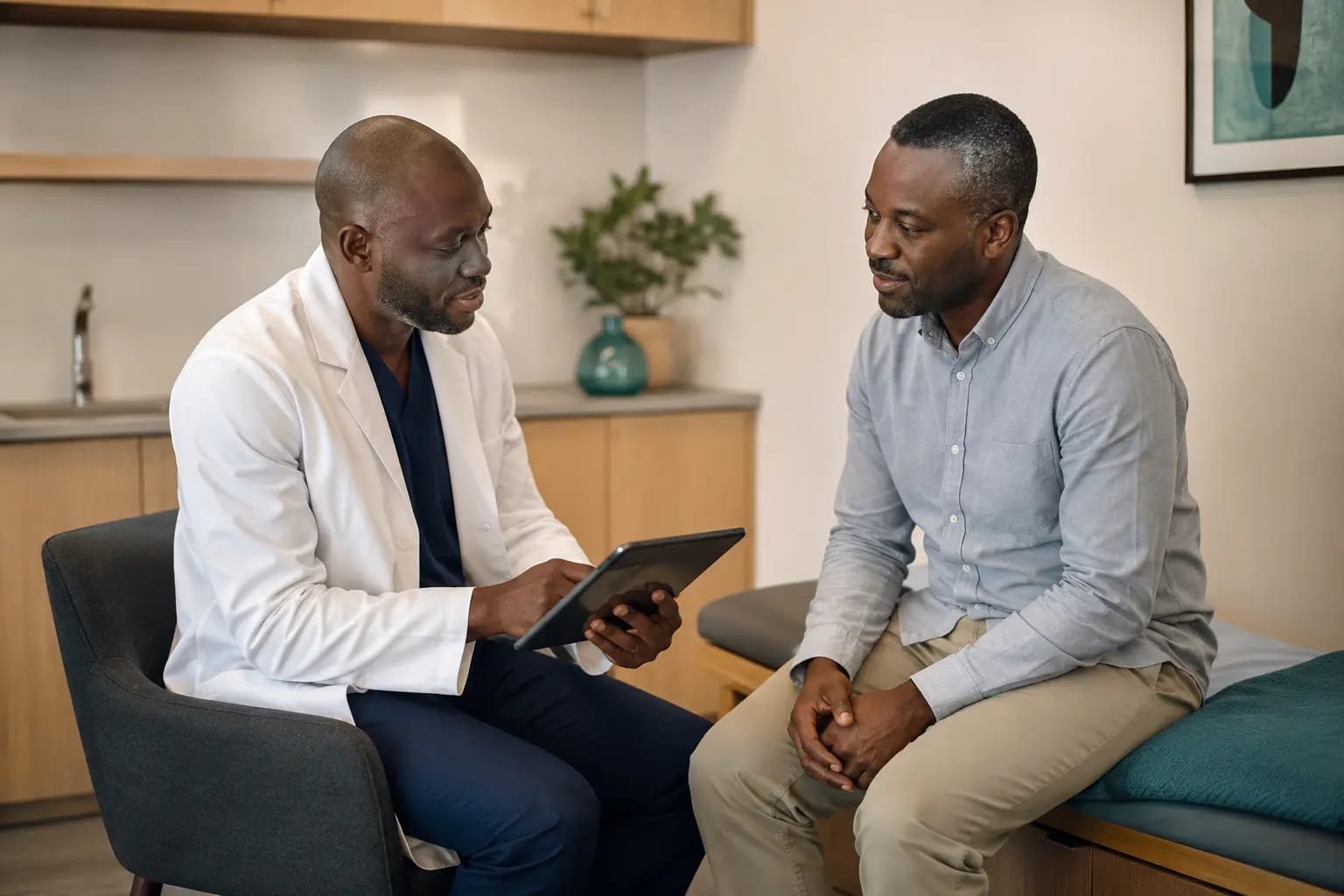 A neurosurgeon reviewing recovery progress with a patient during a follow-up appointment
